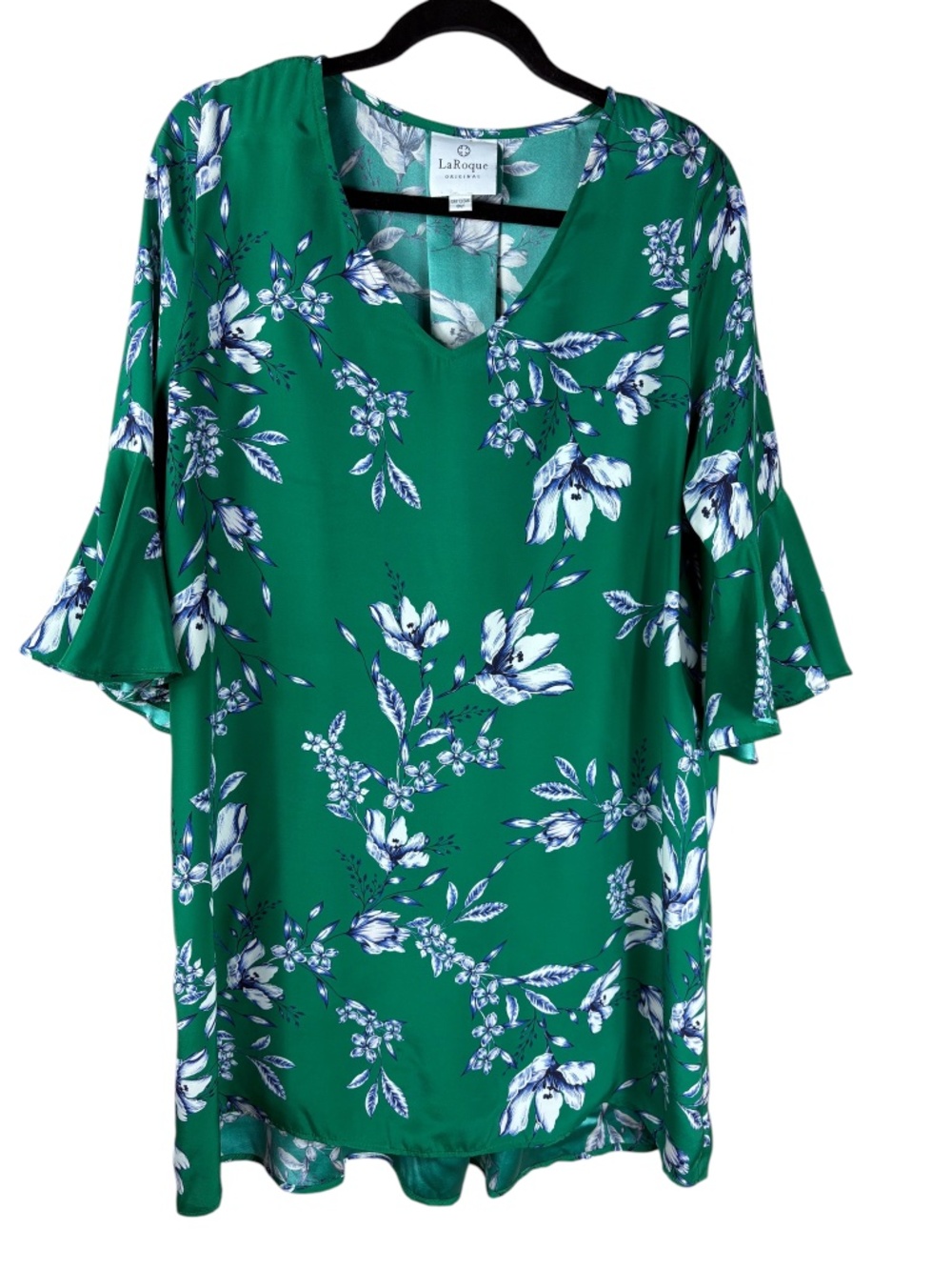 LaRoque Original Luxury Designer Green Floral Ruffle Sleeve Shift Dress M